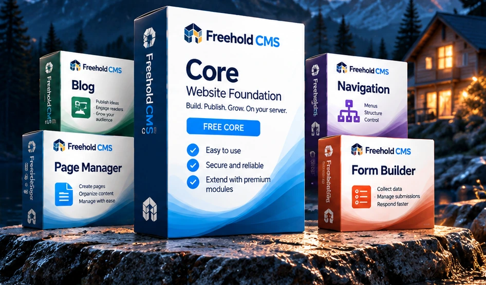 Freehold CMS Free Core, Blog, Page Manager, Navigation and Form Builder packages resting on a rocky ledge.